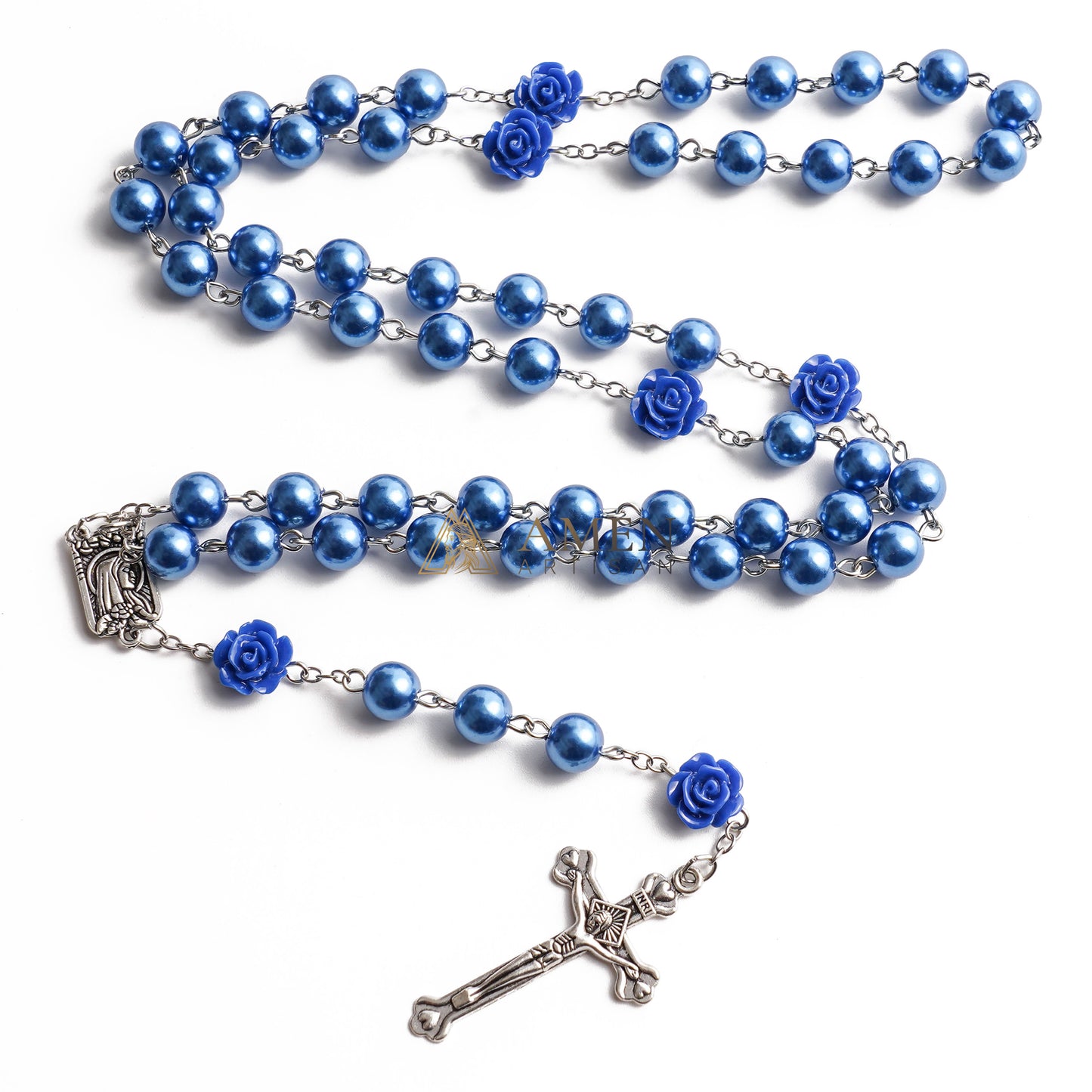 Royal Blue Rosary with Rose Accent, Cross and Saint Medal - Hope, Love & Blessing |  Amen Artisan