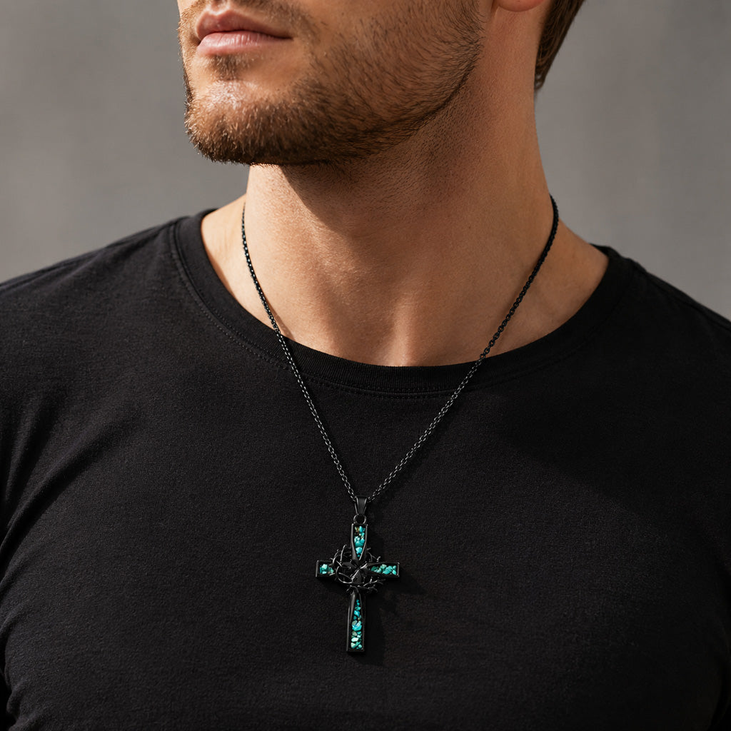 Crown of Thorns Cross Necklace with Natural Turquoise Inlay | Amen Artisan