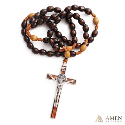 Woven Cord Wooden Rosary with St. Benedict Medal Cross - Sacred Blessing | Amen Artisan