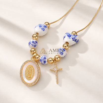 Floral Ceramic and Zircon Virgin Mary Cross Necklace Amen Artisan