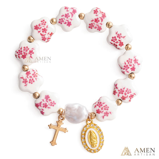 Blue Floral Ceramic Flower Bracelet with Virgin Mary Pendant - Faith & Peace | Amen Artisan