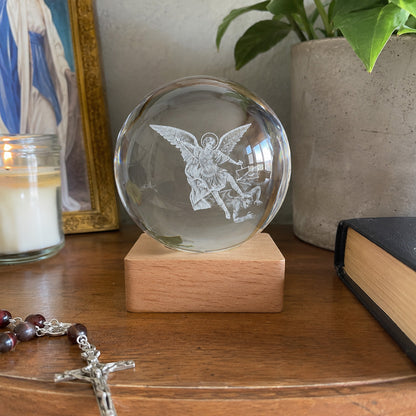 St. Michael Crystal Night Light with Wooden Base — Protection