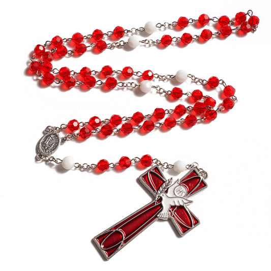 Dove of Peace" Holy Spirit Rosary – Radiant Crimson Faceted Beads with Enameled Peace Cross – A Prayer for Global Harmony & Strength
