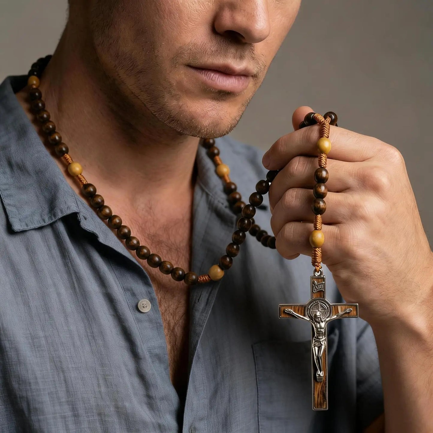 Woven Cord Wooden Rosary with St. Benedict Medal Cross - Sacred Blessing | Amen Artisan