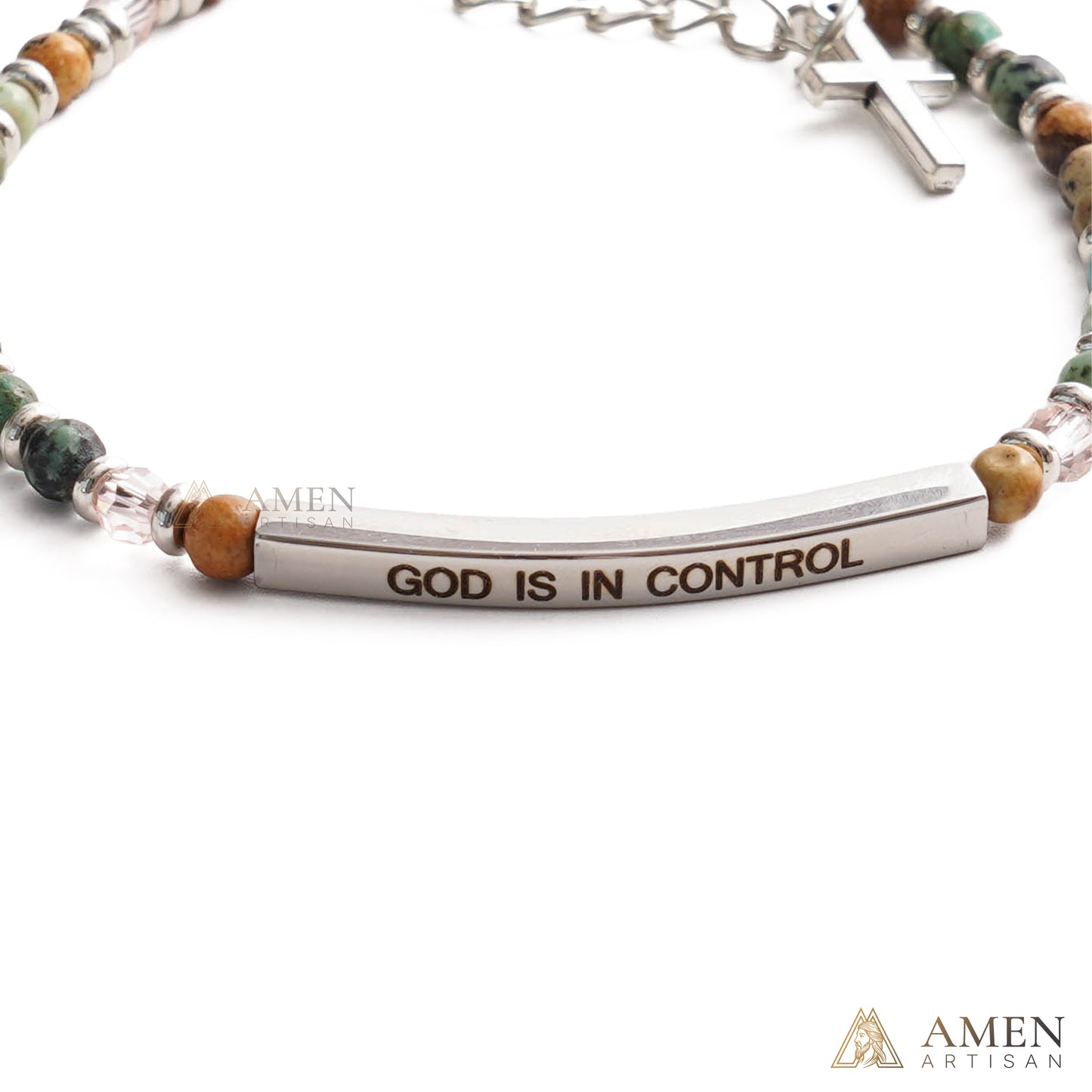 Adjustable Natural Stone Bracelet with Cross | Amen Artisan