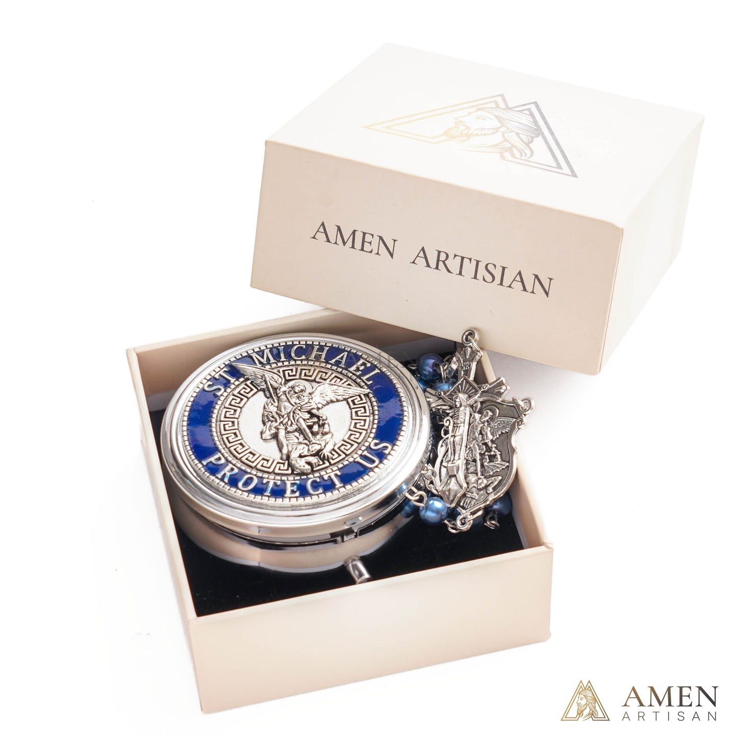 St. Michael Rosary with Blue Enamel Storage Box - Faith & Strength| Amen Artisan