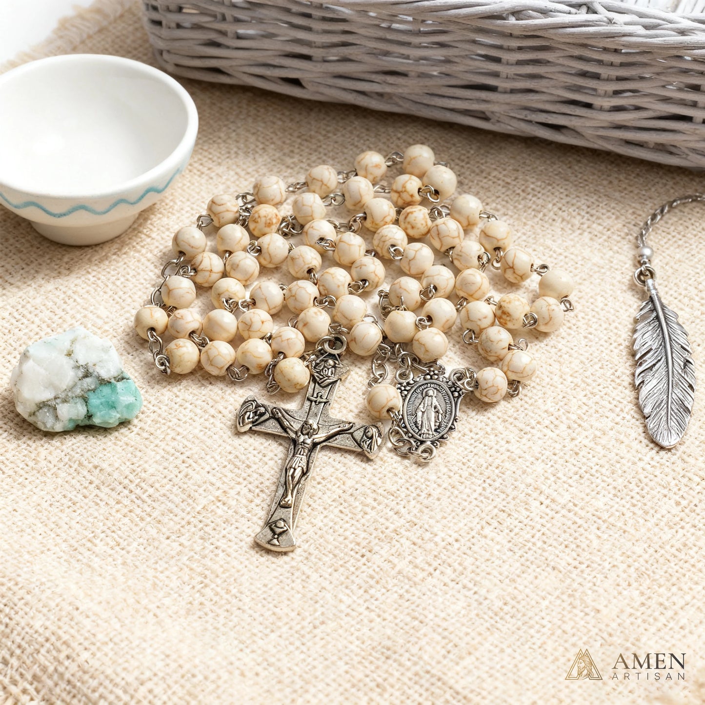 White Turquoise Miraculous Medal Rosary Amen Artisan