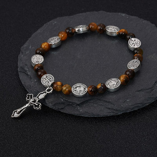 Tiger's Eye Beads Saint Benedict Medal Crucifix Bracelet Amen Artisan