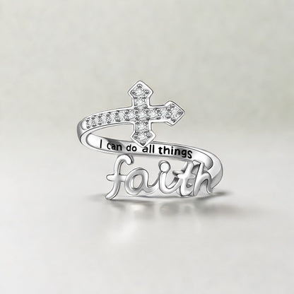 Amen Artisan Shining Diamond-Encrusted Faith Cross Adjustable Open Ring