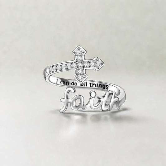 Amen Artisan Shining Diamond-Encrusted Faith Cross Adjustable Open Ring