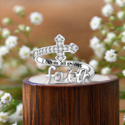 Amen Artisan Shining Diamond-Encrusted Faith Cross Adjustable Open Ring