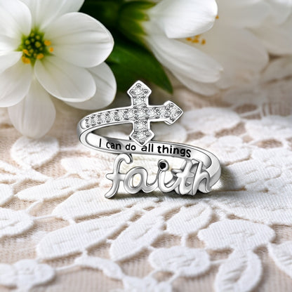 Amen Artisan Shining Diamond-Encrusted Faith Cross Adjustable Open Ring