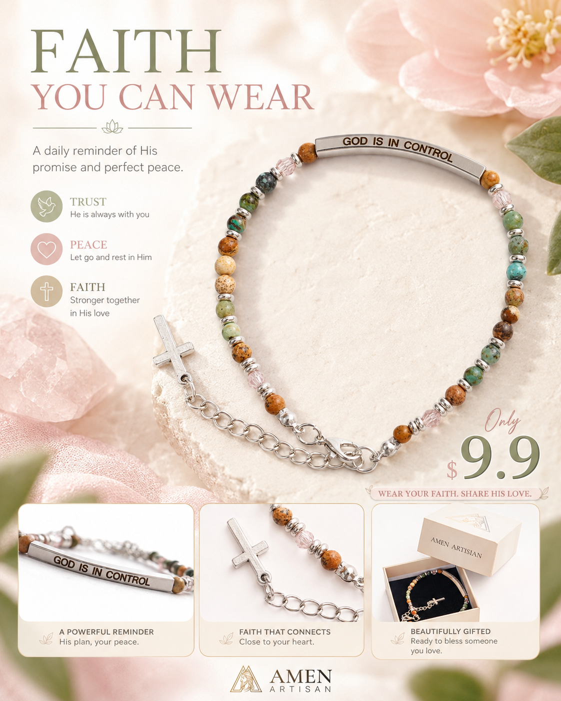 Adjustable Natural Stone Bracelet with Cross | Amen Artisan