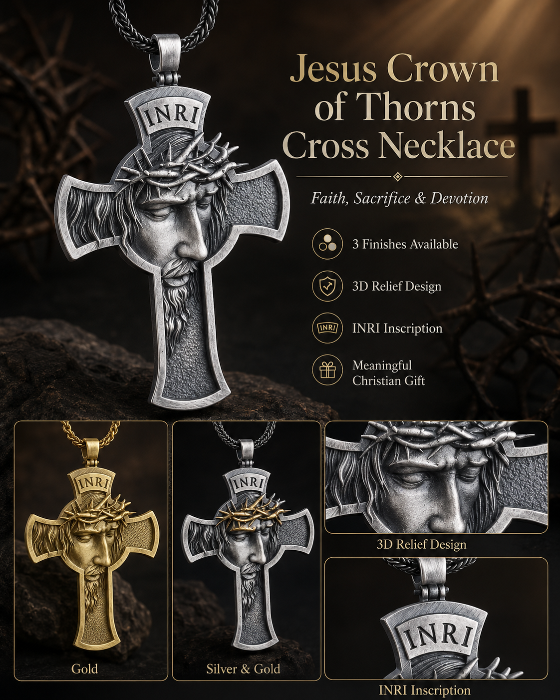 Jesus Crown of Thorns Cross Pendant with Chain | Amen Artisan