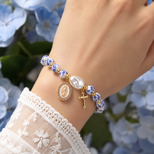 【Deal Today】Blue and White Pottery Beads & Baroque Pearl Elastic Cord Cross Bracelet