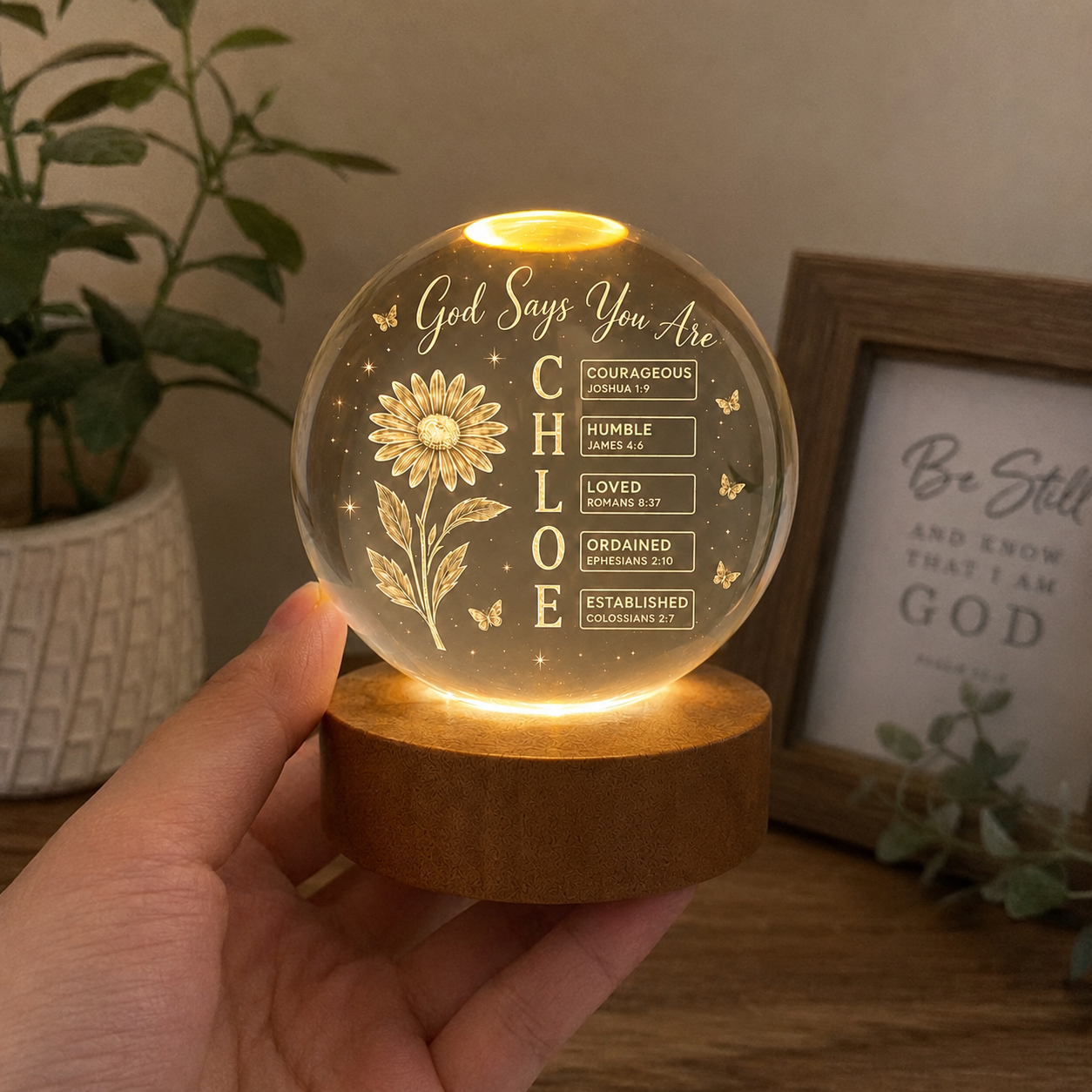 【Deal Today】Personalized Crystal Ball Night Light with Name, Birth Flower & Bible Verse — Custom Christian 3D Engraved Keepsake Gift