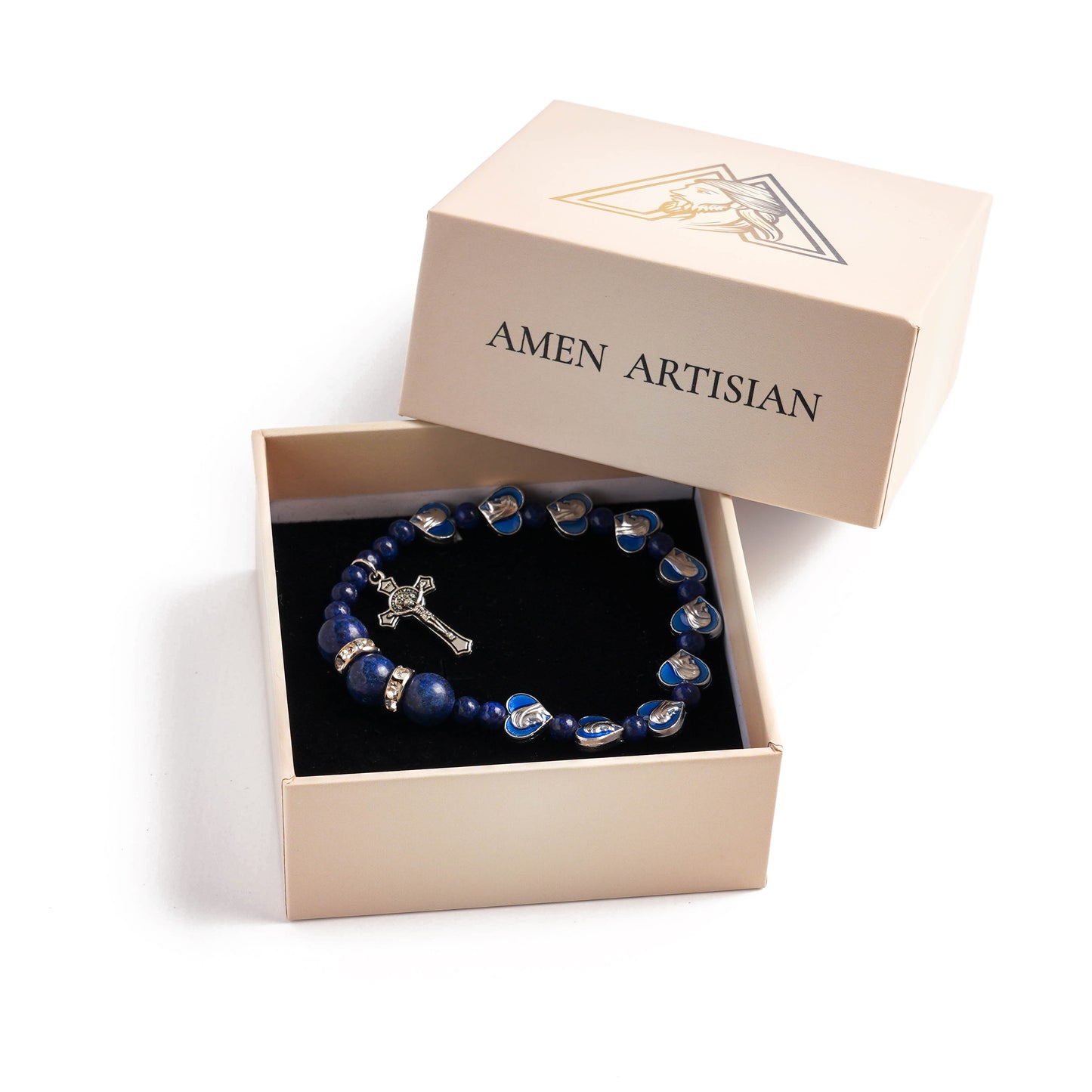 Lapis Lazuli Zircon Enamel Divine Mary of the Heart Blue Beads Crucifix Stretch Bracelet Amen Artisan