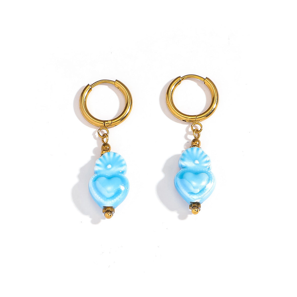 Aqua Blue Ceramic Sacred Heart Dangle Hoop Earrings Amen Artisan