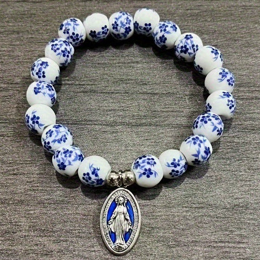 Ceramic Flower Beads Miraculous Medal Stretch Bracelet Amen Artisan