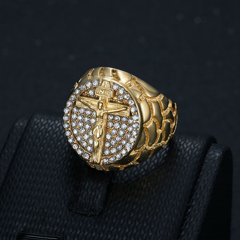 Gold Christ Ring with Diamond and Crucifix Amen Artisan