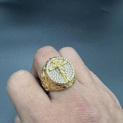 Gold Christ Ring with Diamond and Crucifix Amen Artisan
