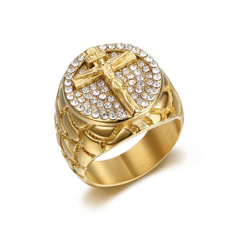 Gold Christ Ring with Diamond and Crucifix Amen Artisan