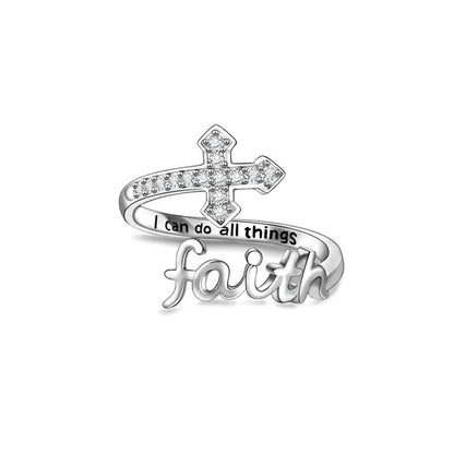 Amen Artisan Shining Diamond-Encrusted Faith Cross Adjustable Open Ring