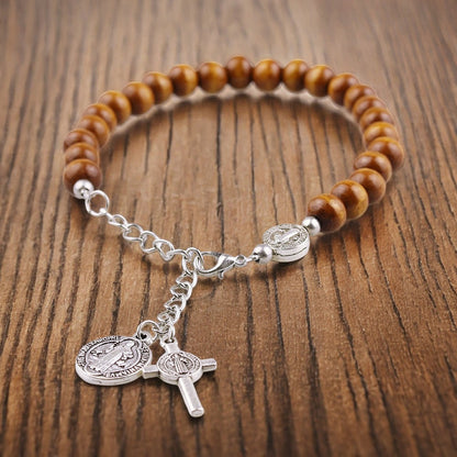 Nature Wood Saint Benedict Medal Bracelet Amen Artisan