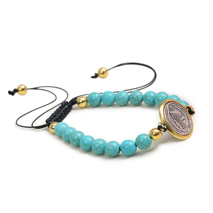 Turquoise Beads Saint Benedict Medal Adjustable Bracelet Amen Artisan