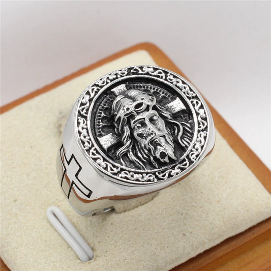 Vintage Cross Jesus Portrait Titanium Steel Ring Amen Artisan