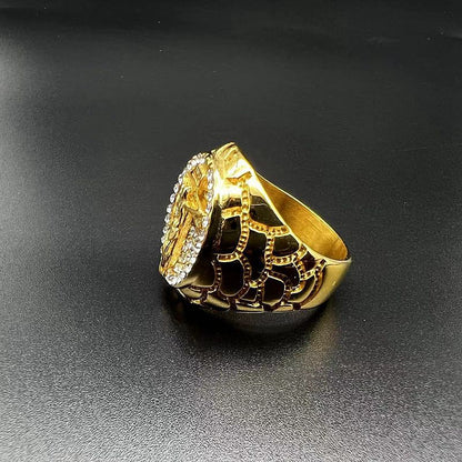 Gold Christ Ring with Diamond and Crucifix Amen Artisan