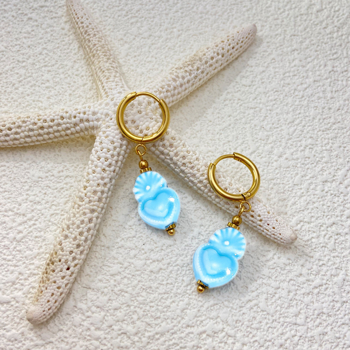 Aqua Blue Ceramic Sacred Heart Dangle Hoop Earrings Amen Artisan