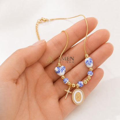 Floral Ceramic and Zircon Virgin Mary Cross Necklace Amen Artisan