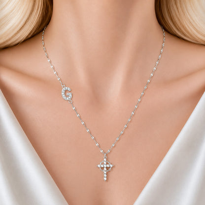 Sparkling Zircon Cross Necklace with A-Z Initial Charm