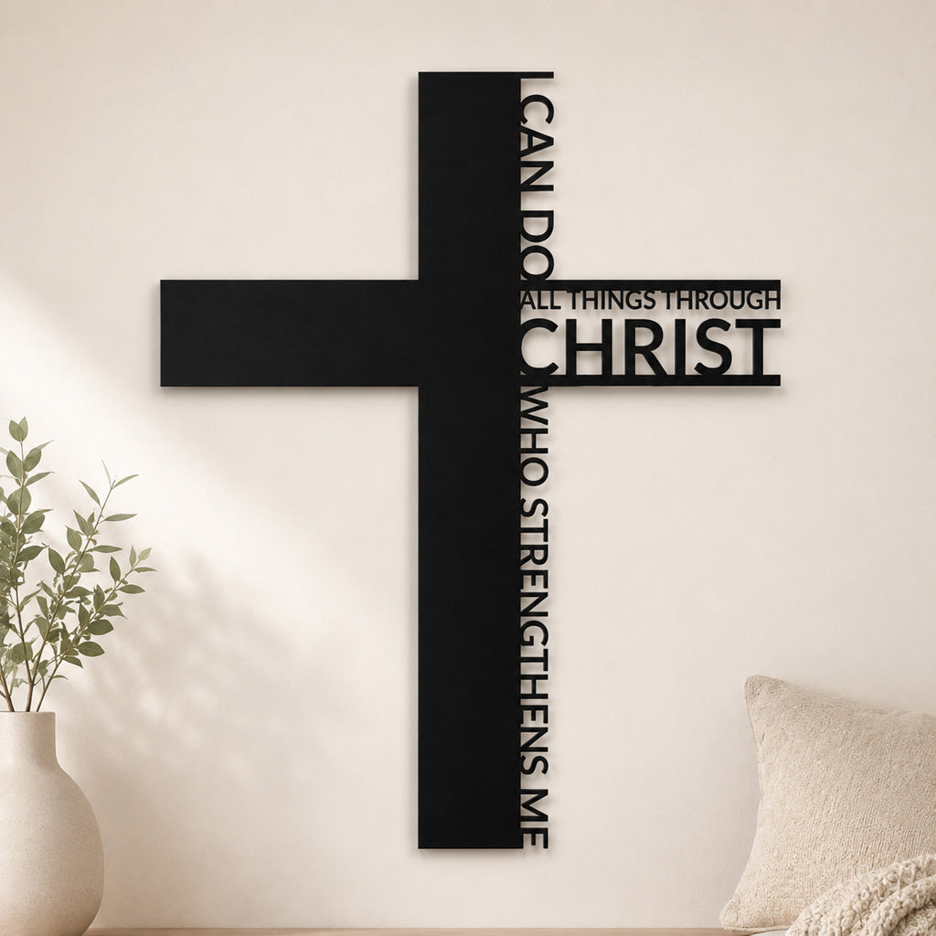 Philippians 4:13 Metal Cross Wall Art with Scripture Design — Strength