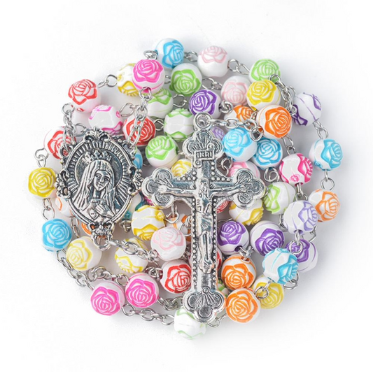 Amen Artisan Colorful Rose Ceramic Beads Immaculate Heart of Mary Crucifix Rosary