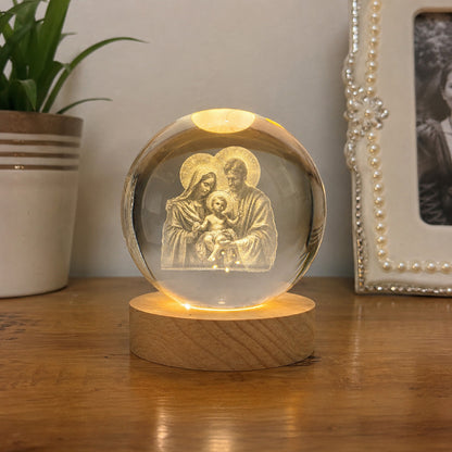 Holy Family Crystal Night Light with Warm Wooden Base — Home Blessing