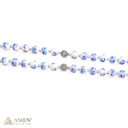 Blue Floral Ceramic Rosary with Marian Pendant and St. Benedict Medals — Grace and Peace | Amen Artisan