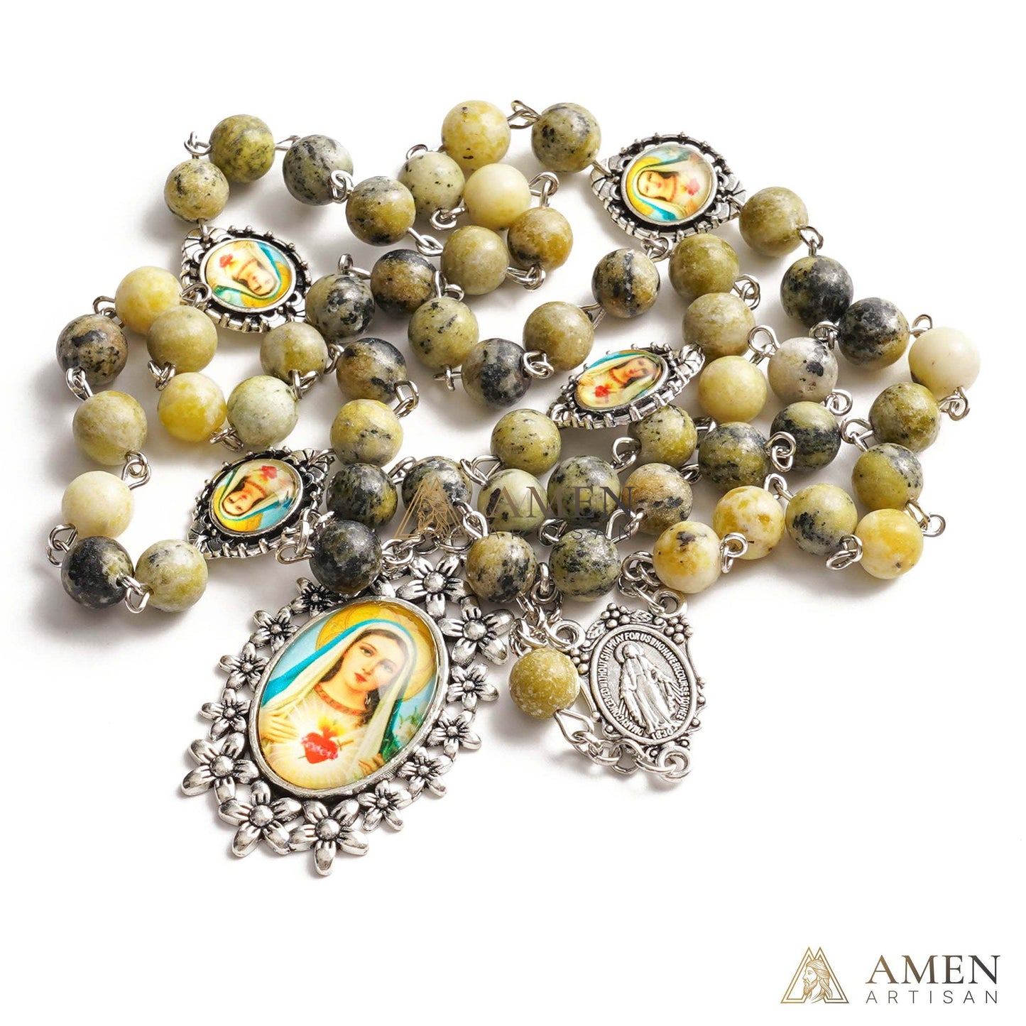 Yellow Turquoise Immaculate Heart of Mary Rosary Amen Artisan