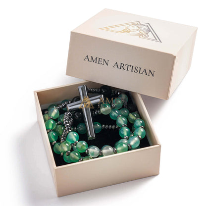 Green Agate Rosary with Cross Amen Artisan
