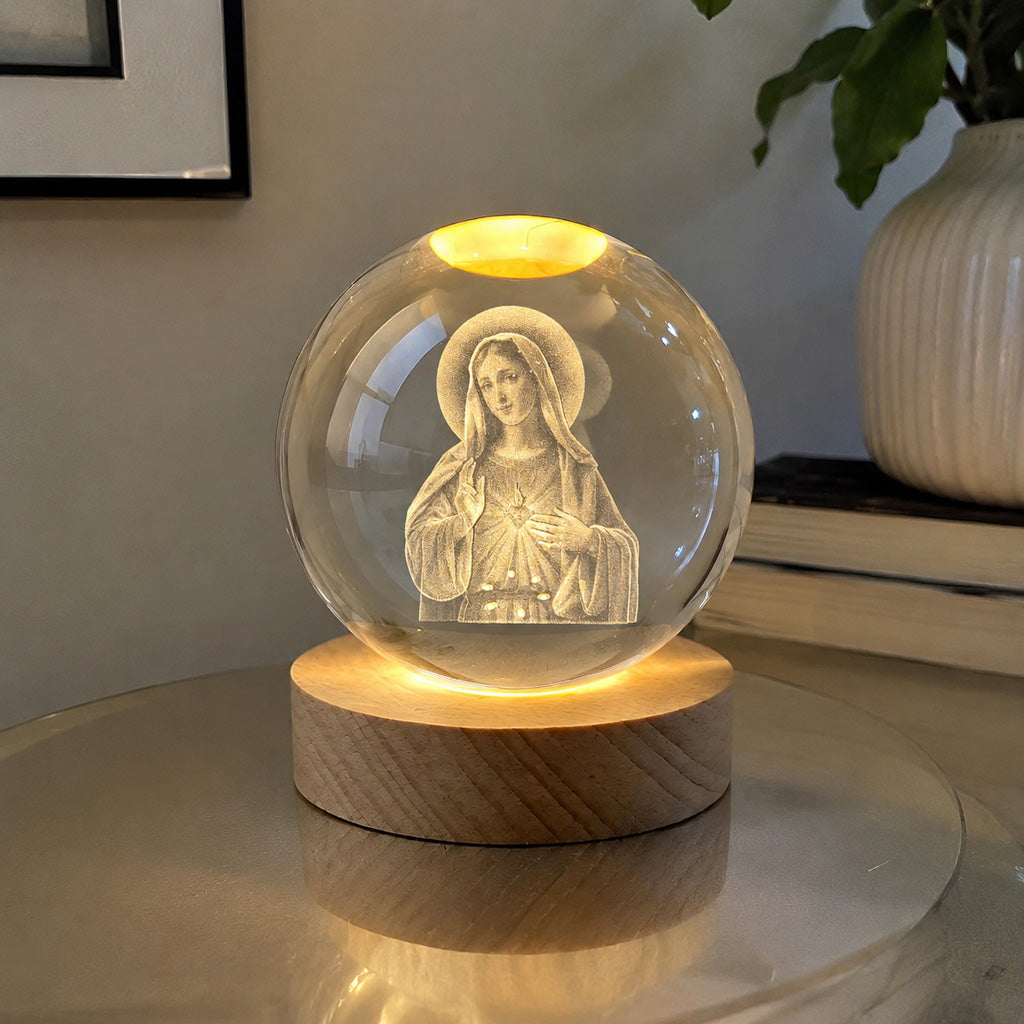 Virgin Mary Crystal Ball Night Light with Warm Wooden Base