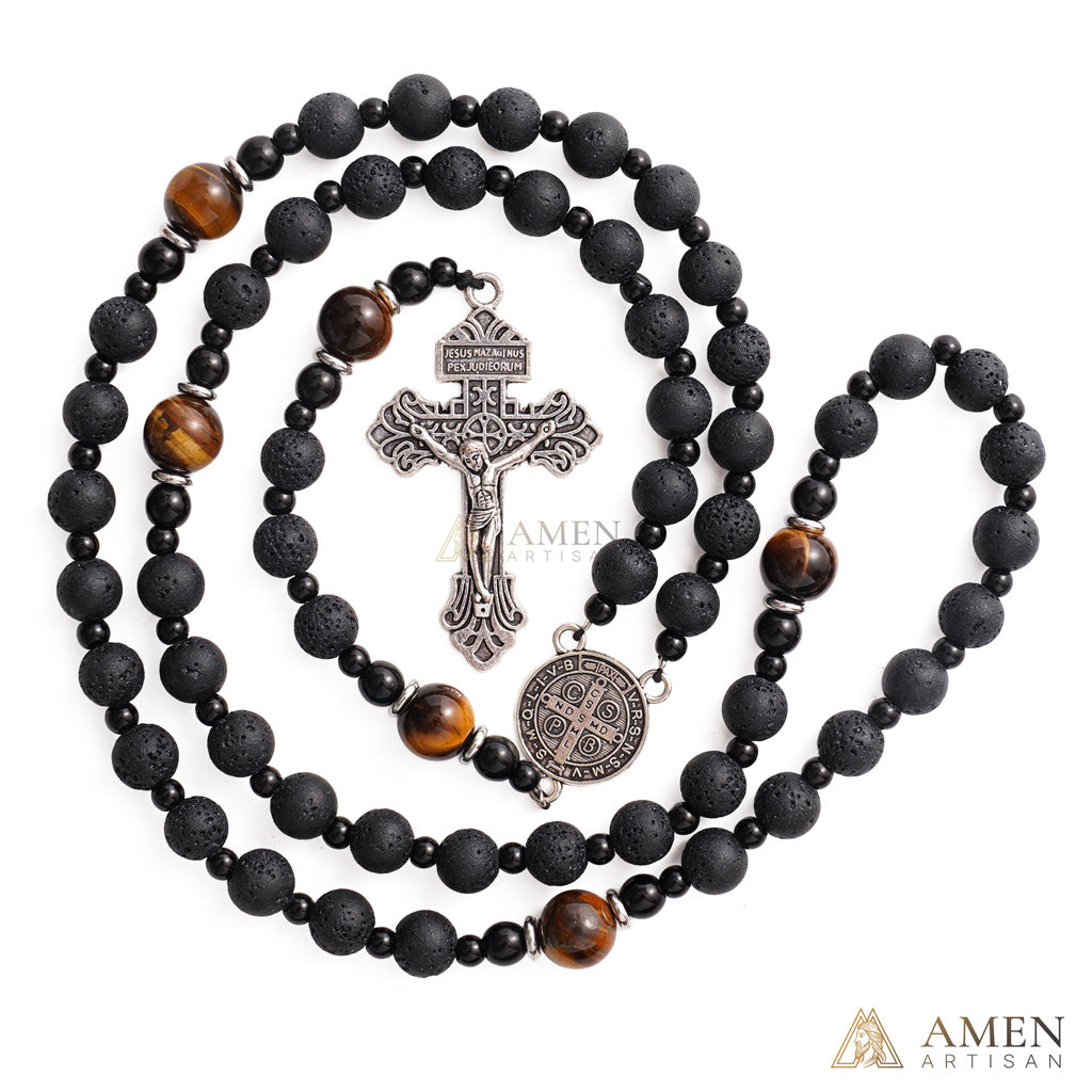 Natural Lava Stone & Tiger’s Eye Prayer Beads with Vintage-Style Crucifix |  Amen Artisan