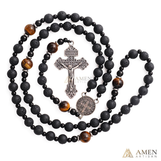 Natural Lava Stone & Tiger’s Eye Prayer Beads with Vintage-Style Crucifix |  Amen Artisan