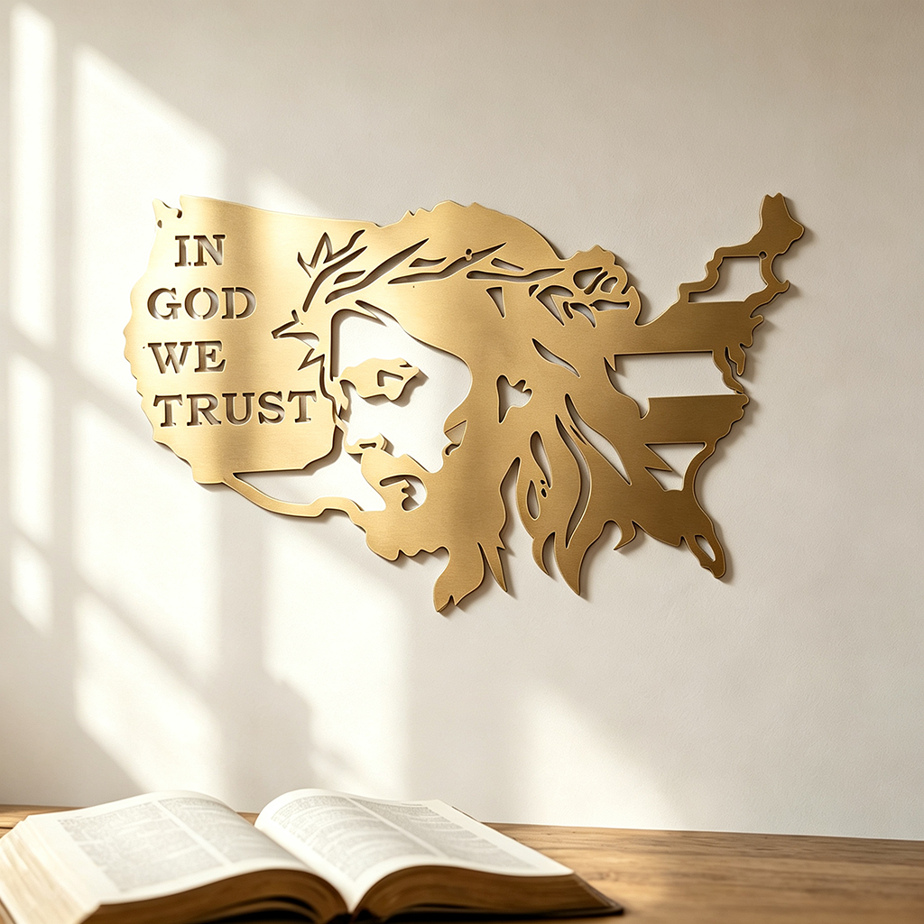 In God We Trust USA Metal Wall Art with Jesus Crown of Thorns — Faith