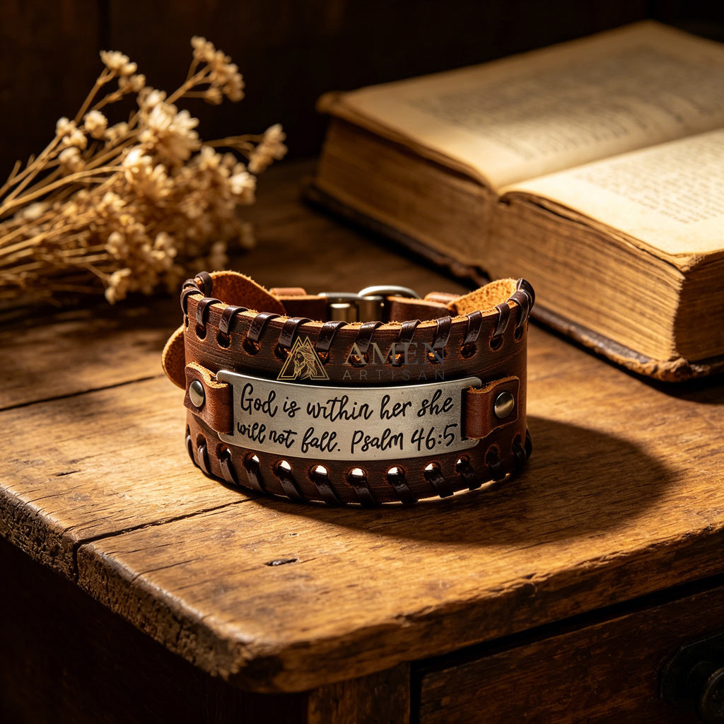 Handwoven Leather Bible Verse Bracelet - Strength, Faith & Protection |  Amen Artisan