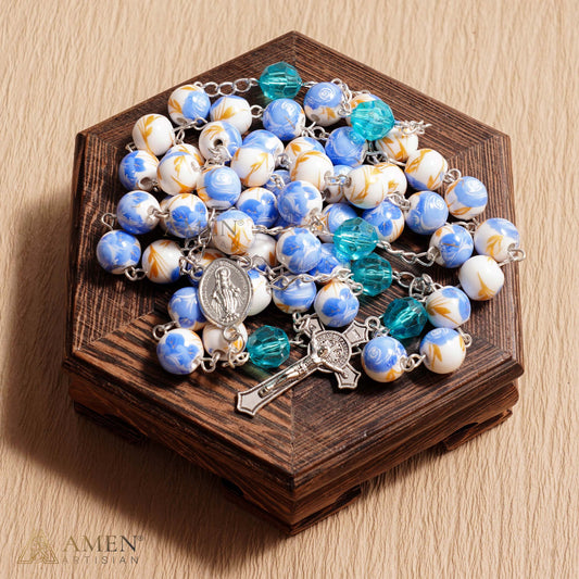Blue Floral Ceramic Rosary Amen Artisan