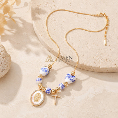 Floral Ceramic and Zircon Virgin Mary Cross Necklace Amen Artisan