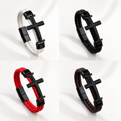 Leather Cross Bracelet with Magnetic Clasp