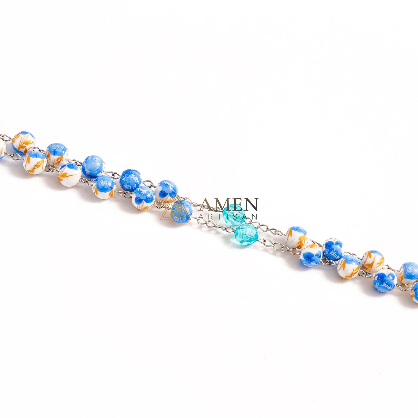 Blue Floral Ceramic Rosary Amen Artisan