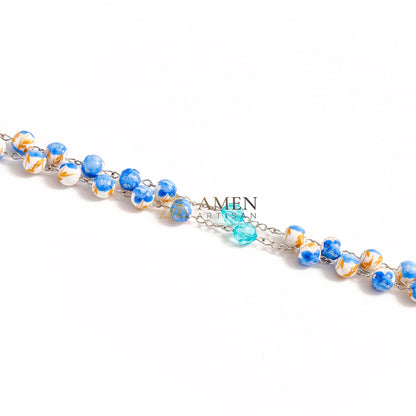 Blue Floral Ceramic Rosary Amen Artisan